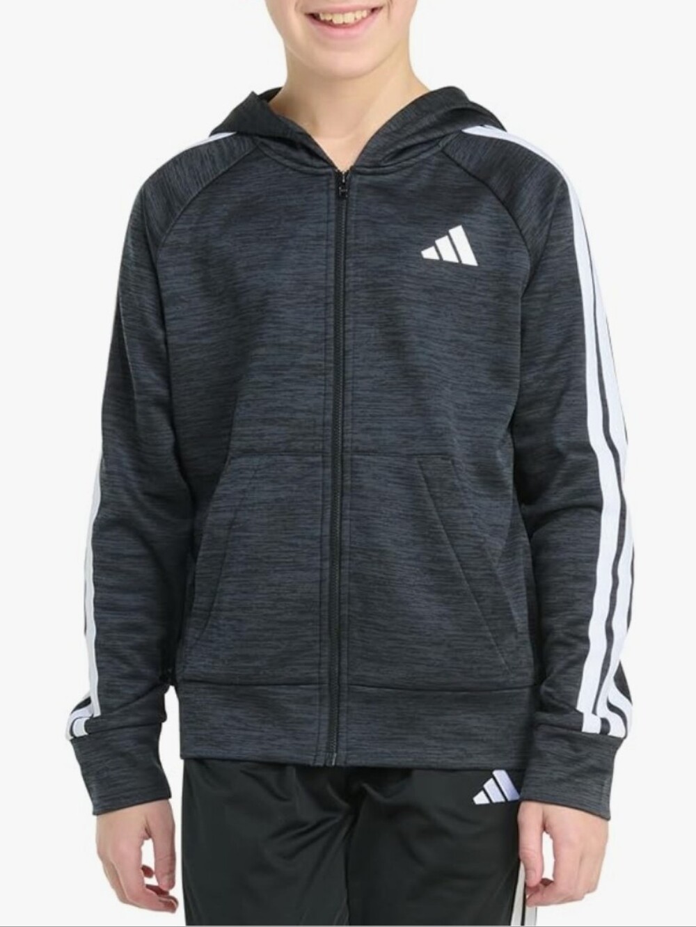 Adidas GRAY Heather Full-Zip 3-Stripe Hoodie SIZE 14/16